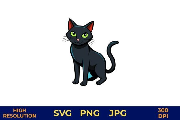 Black Cat Cartoon Vector with Green Eyes