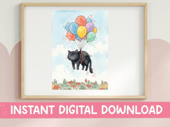 Black Cat Floating with Balloons