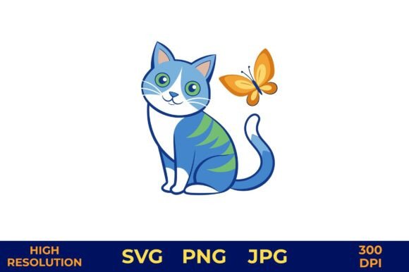 Blue Cat and Butterfly Vector