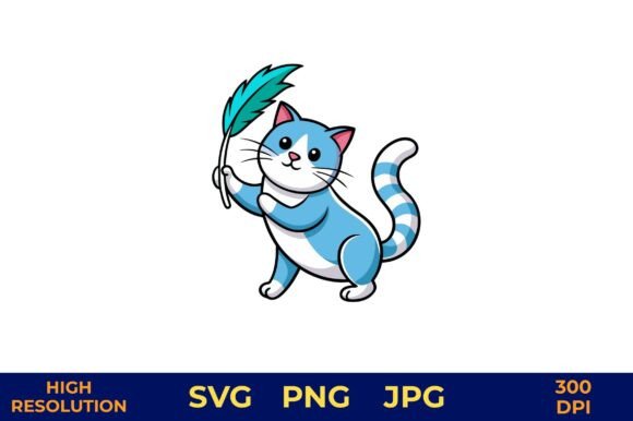 Cartoon Cat Playing with Feather Toy