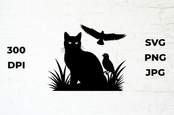 Cat and Bird Silhouette in Vector Design