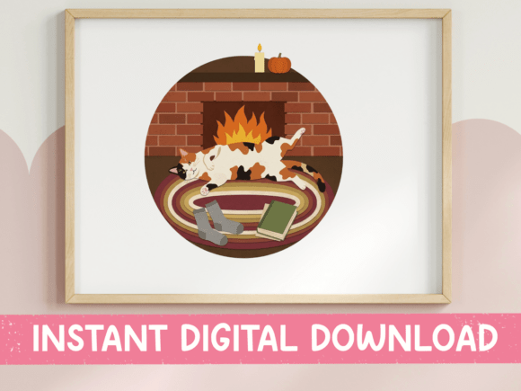 Cat by Fireplace Cozy Winter Scene