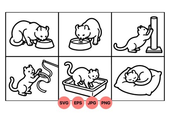 Cat Care Outline Clipart Set