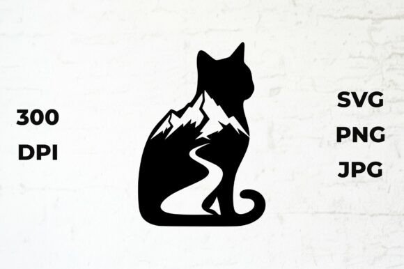 Cat Silhouette with Mountain Scene