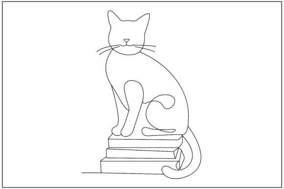 Cat Sitting Books Minimal Line Art