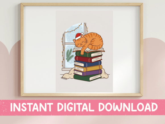 Christmas Cat Sleeping on Books Stack