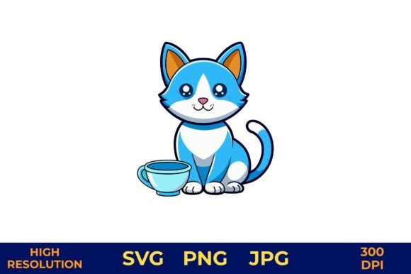Cute Cartoon Kitten with Blue Eyes Near
