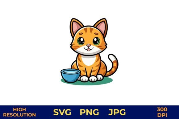 Cute Cartoon Kitten with Milk Bowl