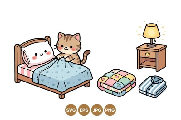 Cute Cat Bedroom Clipart Set