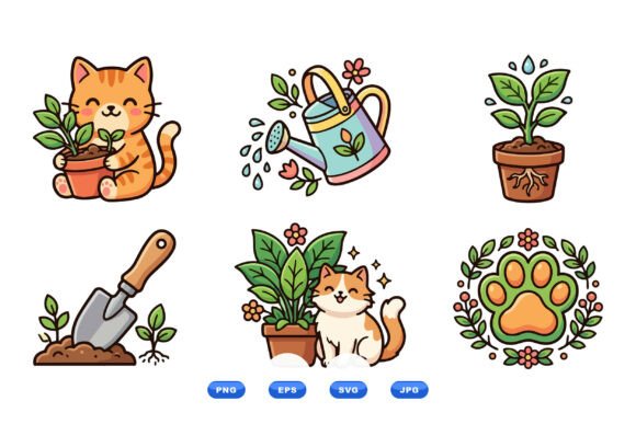 Cute Cat Gardening Clipart Set