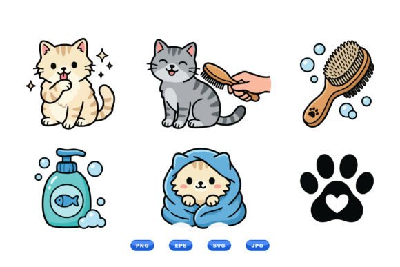 Cute Cat Grooming Clipart Set