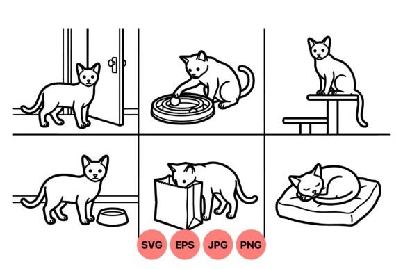 Cute Cat Outline Clipart Set