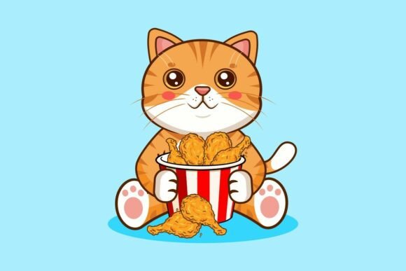 Cute Cat Sitting Holding Bucket Chicken