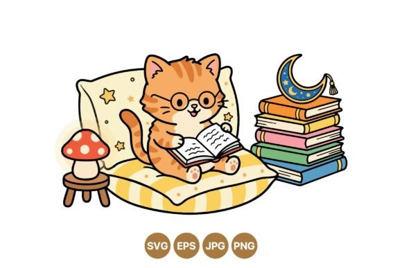 Cute Kitten Reading Clipart