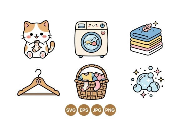 Cute Laundry Cat Clipart Kit