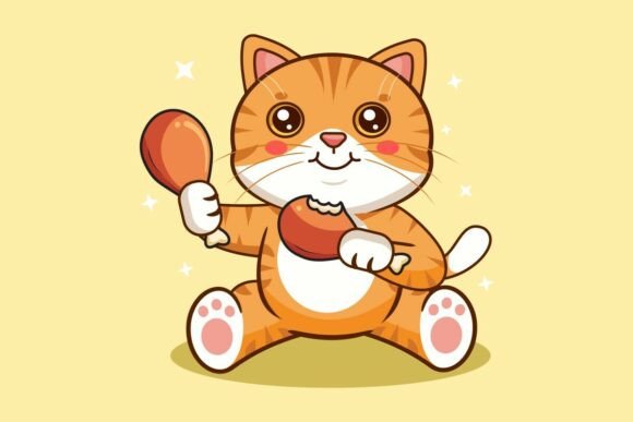 Cute Orange Cat Eating Fried Chicken