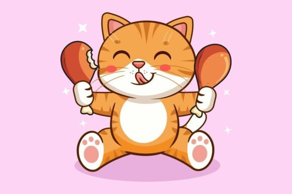 Happy Cat Eating Fried Chicken