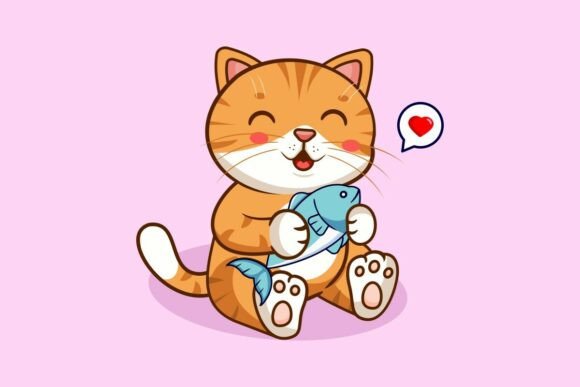 Happy Orange Cat Holding a Fish