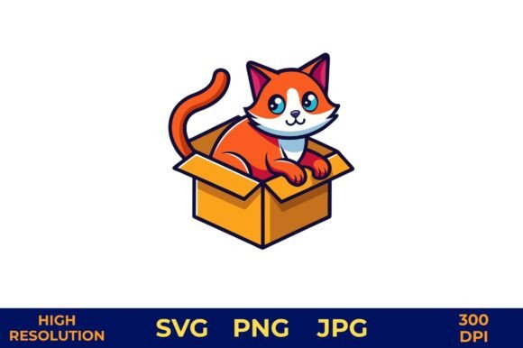 Orange Cat in Box Vector Illustration