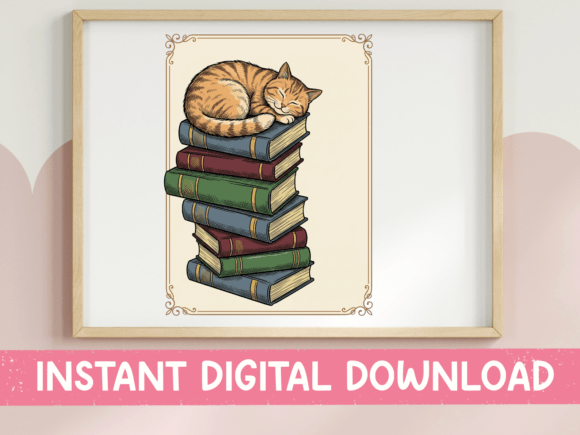 Orange Cat Sleeping on Book Stack Art