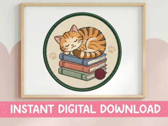 Sleeping Cat on Books Embroidery Design