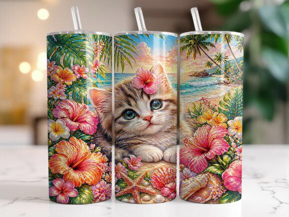 Tropical Beach Kitten Flowers Tumbler