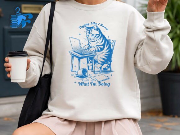 Typing Cat Laptop Funny Illustration